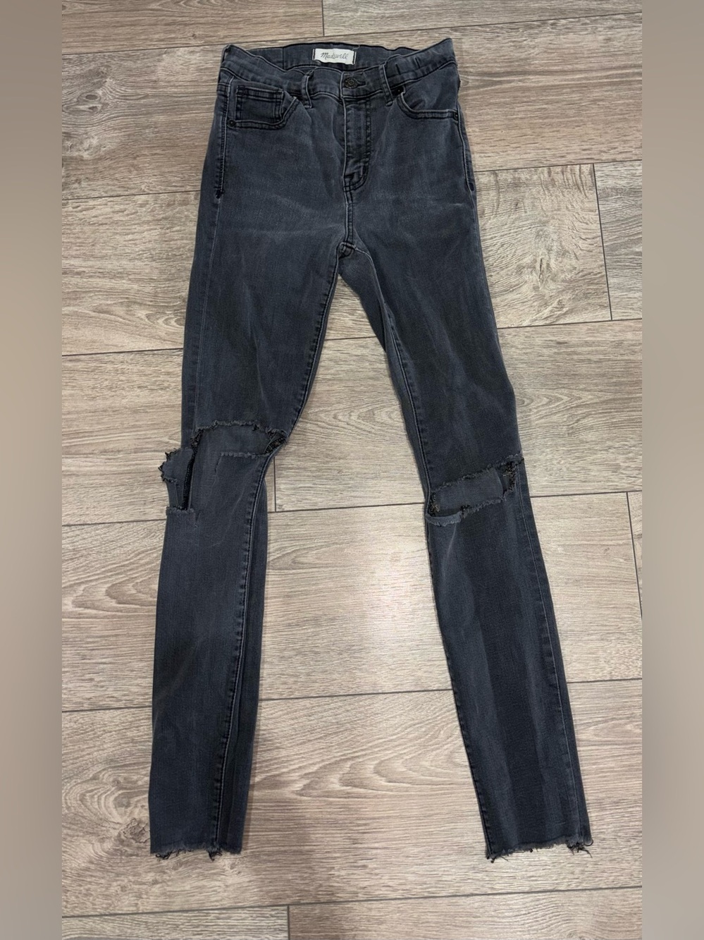 Madewell High Rise Distressed Skinny Jeans Gray Raw Hem Size 26